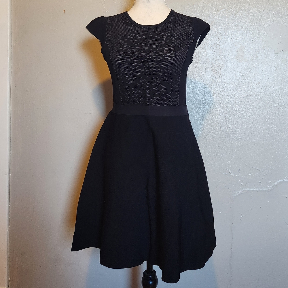 Rebecca Taylor Womens Large Black Knit Cap Sleeve Midi A Line Career Dress